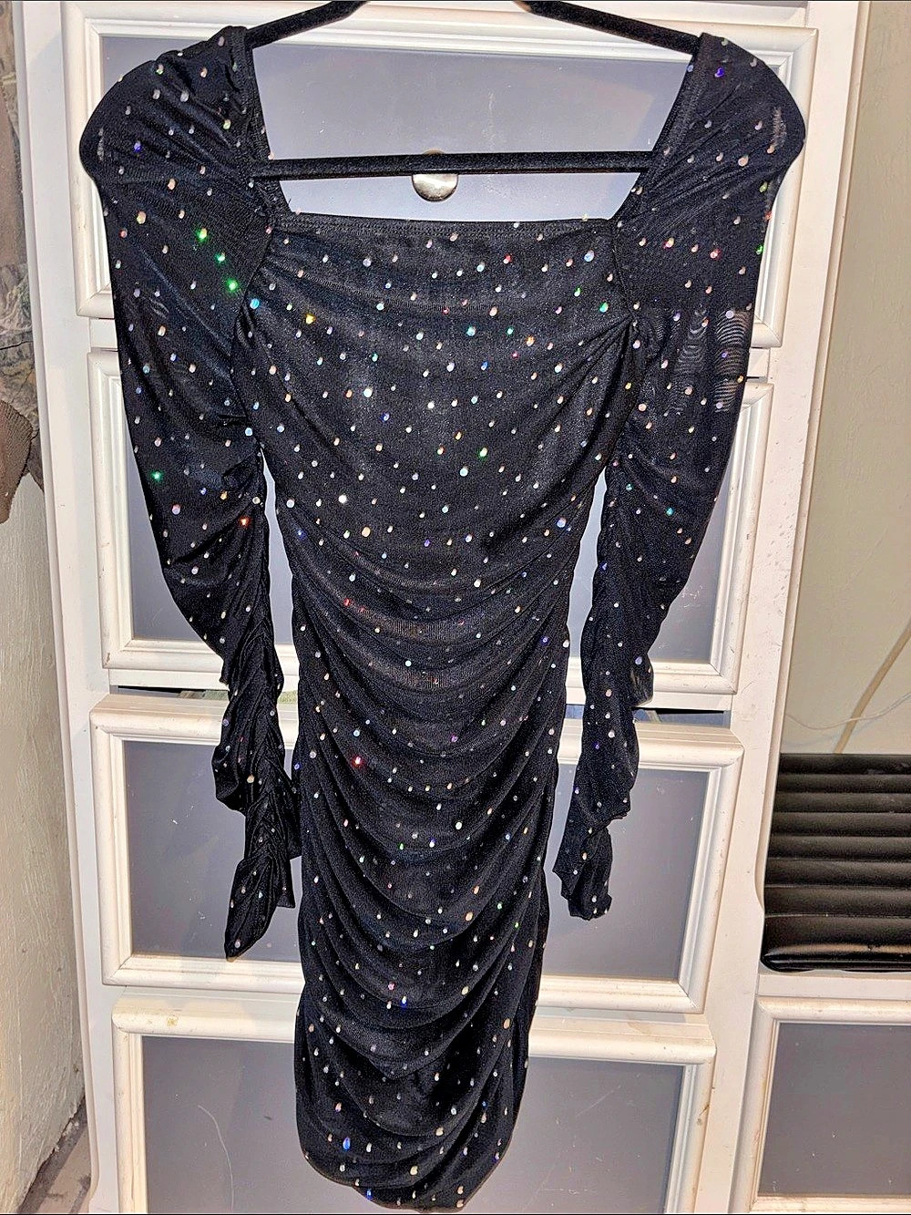 Lulus Compelling Radiance Black Mesh Rhinestone Long Sleeve Mini Dress Mini